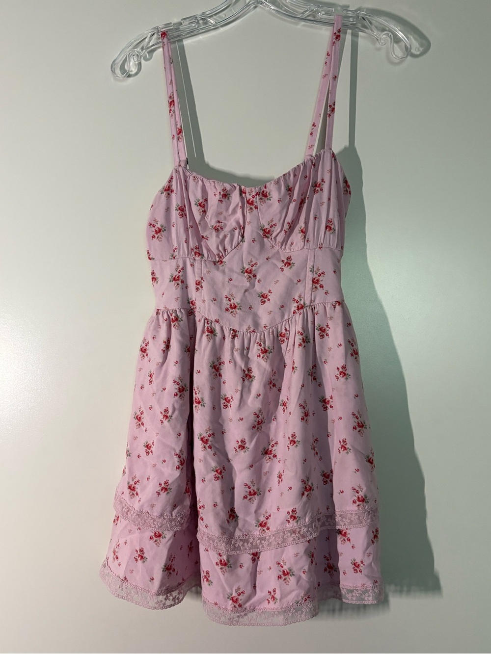 Hollister Pink Floral Milkmaid Mini Dress w/ lace details